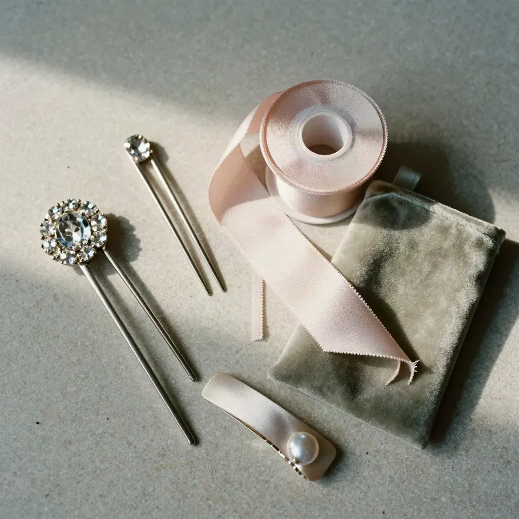Bridesmaid accessory kit with crystal pins, ribbon spool, shoe clips and velvet pouch on stone.