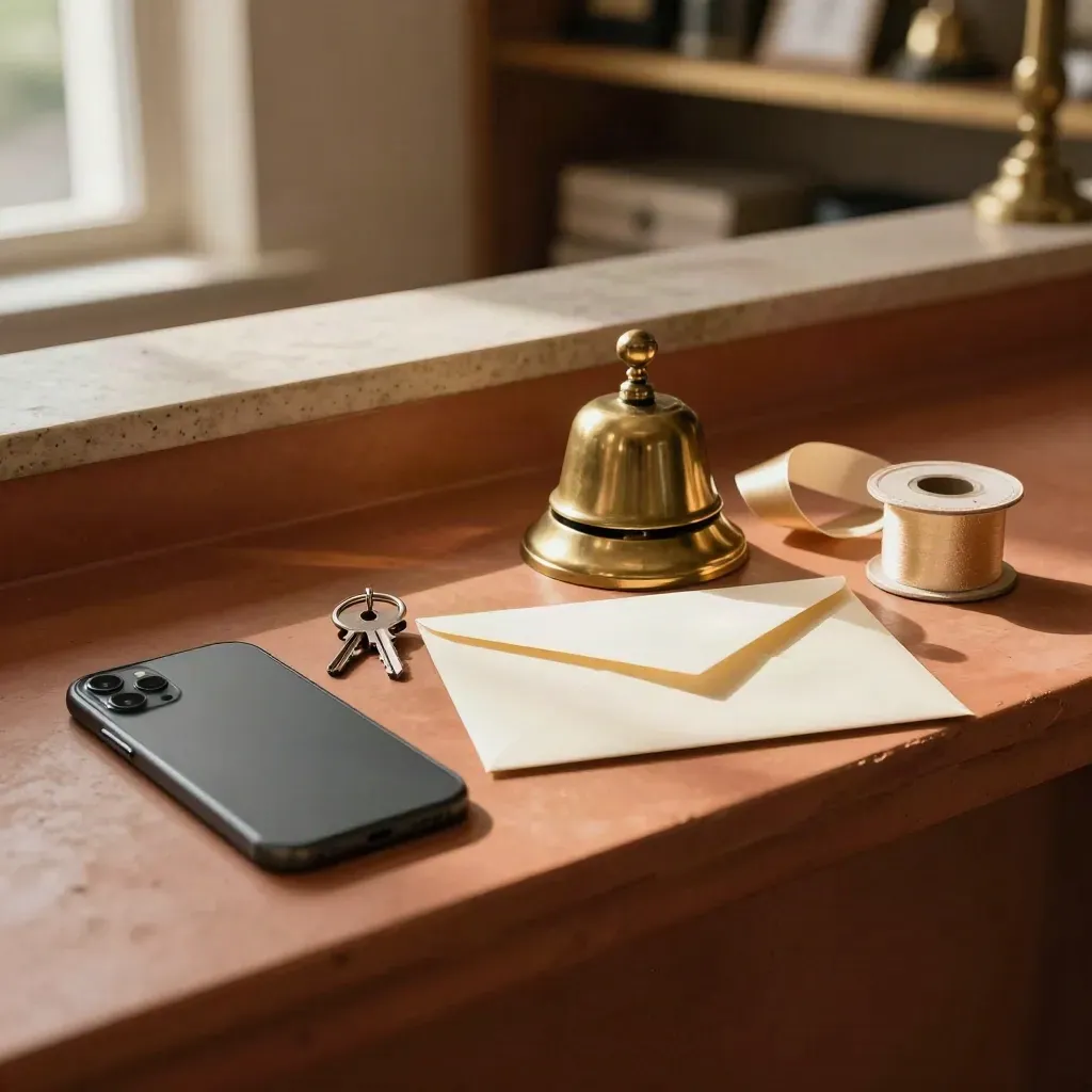 Brass appointment bell, phone, key ring, envelope and ribbon spool on a bridal reception ledge.
