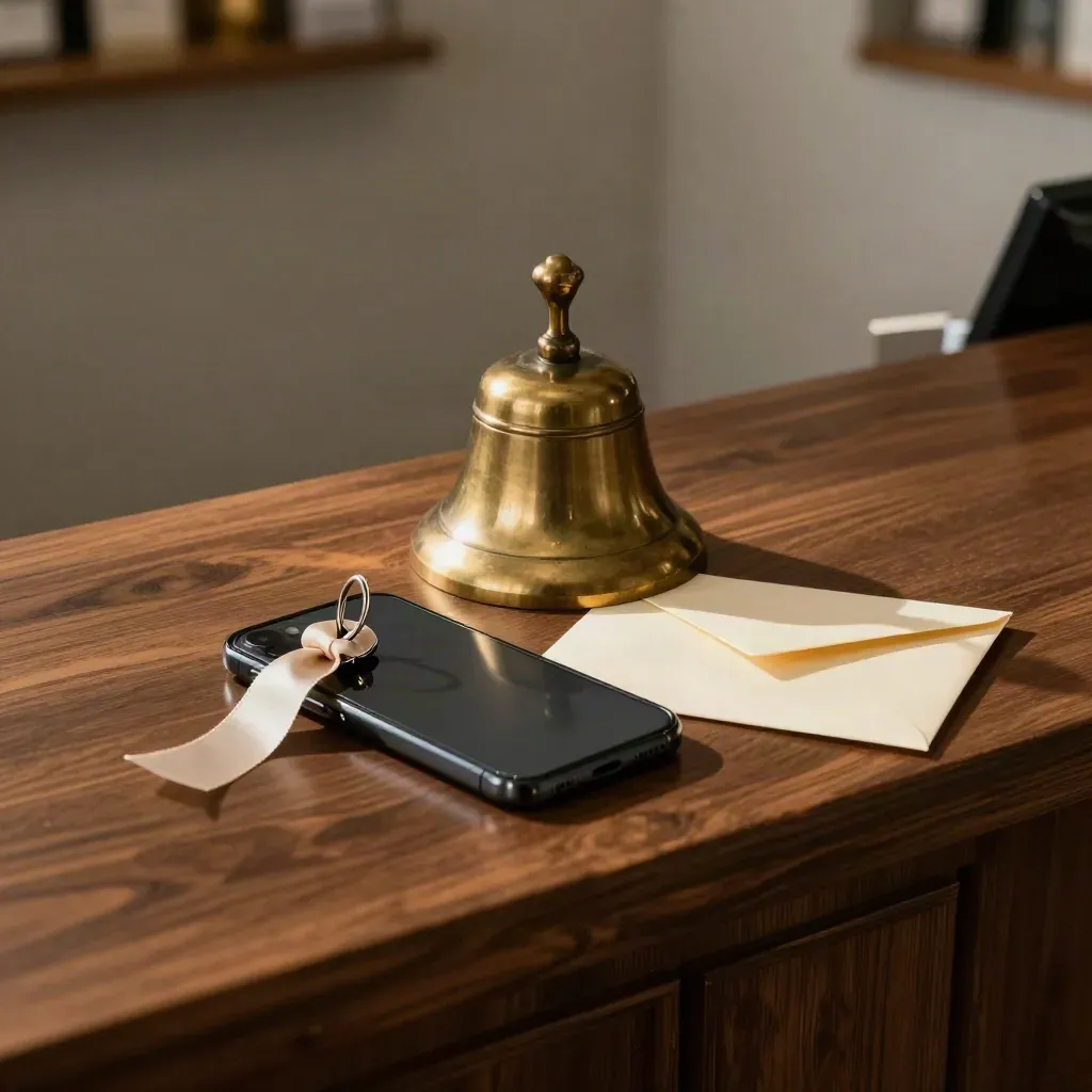 Brass bell, phone, ribbon-tied key ring and sealed envelope on dark walnut.