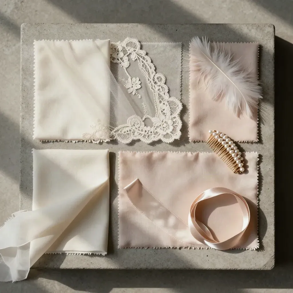 Overhead flatlay of bridal fabric swatches, lace veil sample, pearl comb and satin ribbon on stone.
