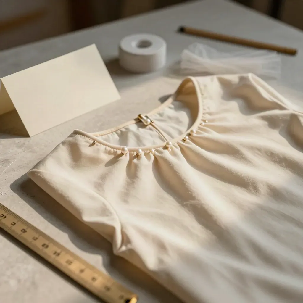 Dress form shoulder with pearl pins, tulle, seam clips and chalk wheel on a plaster surface.
