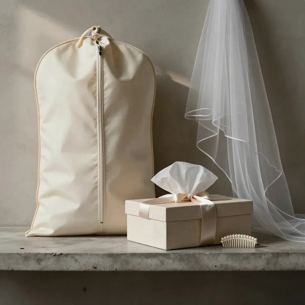 Bridal pickup still life with garment bag, shoe box, veil and pearl comb on stone shelf