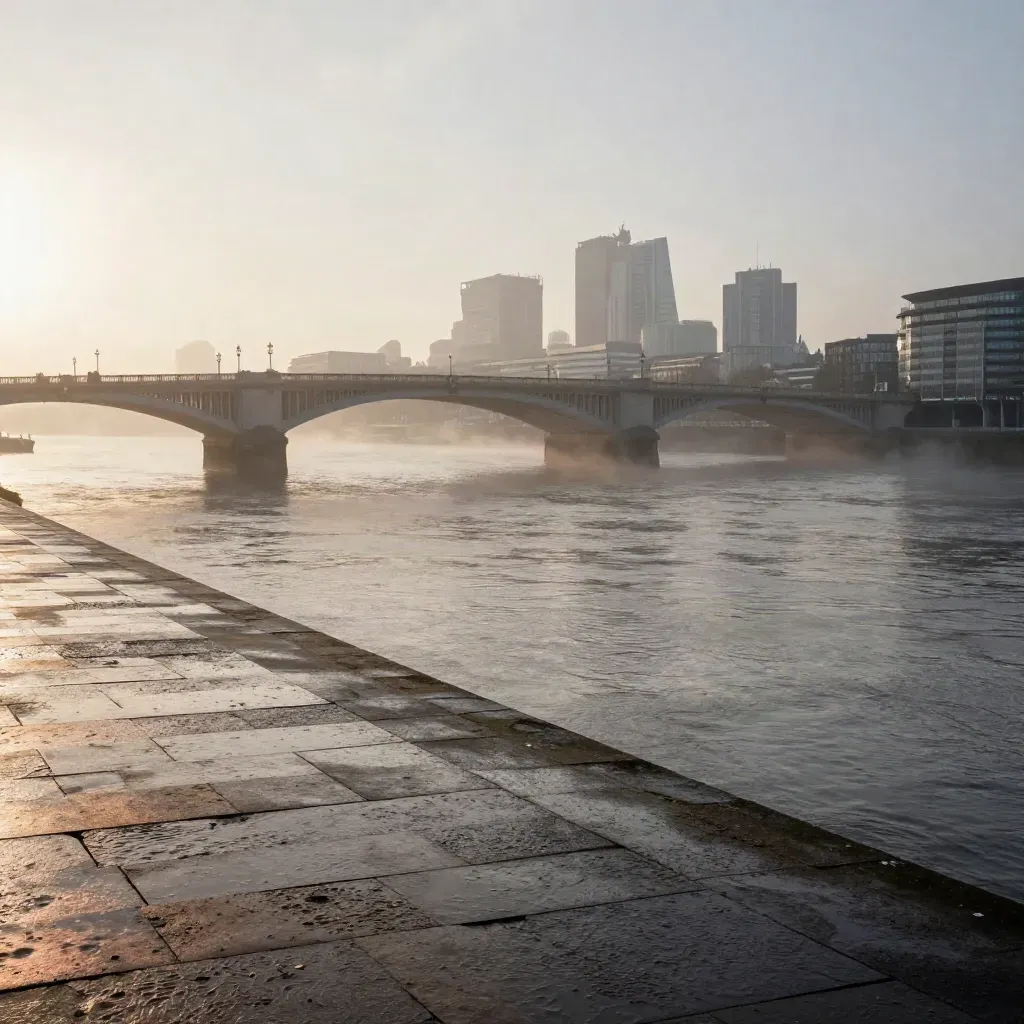 Thames mist at sunrise with a pale stone bridge and London skyline high above a calm river