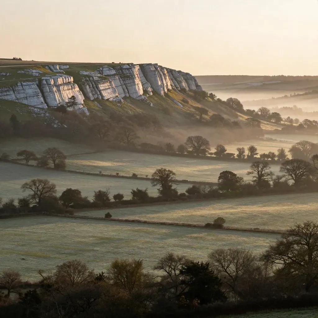 Misty Surrey Hills escarpment above calm dawn fields and layered woodland