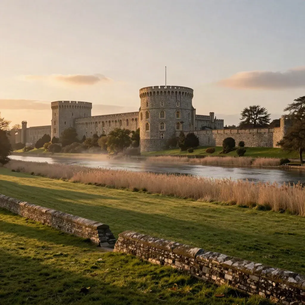 Windsor Castle walls above Thames meadows in Berkshire at warm golden hour