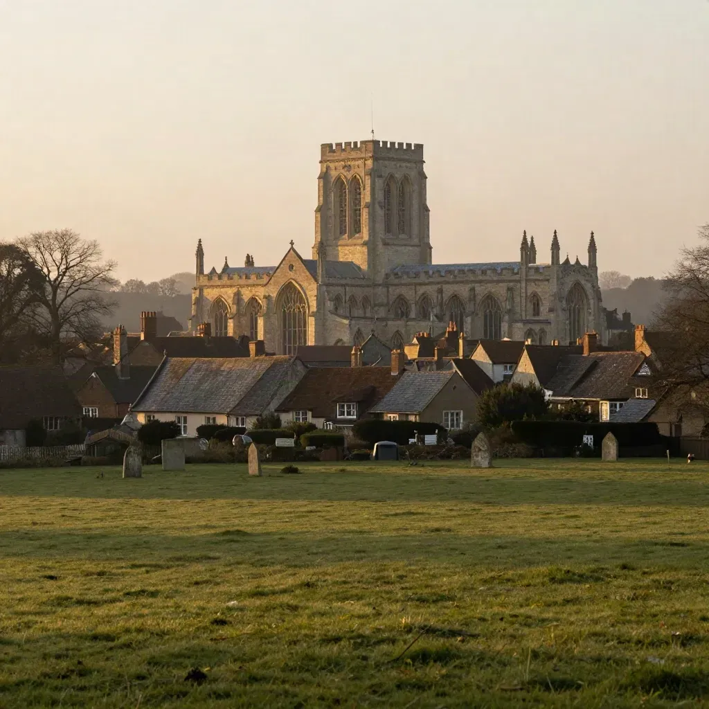 Hertfordshire cathedral towers and flint rooftops over hazy green fields at golden hour.