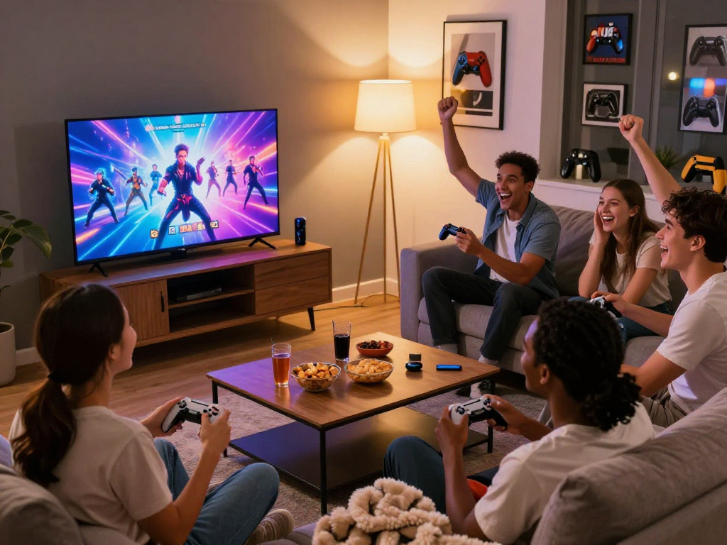 Group of friends playing porn games together in a cozy living room.