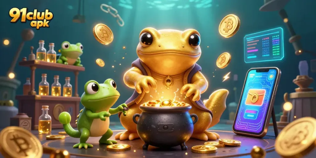 Experience the excitement of 91club apk with vibrant gaming elements and golden coin visuals.