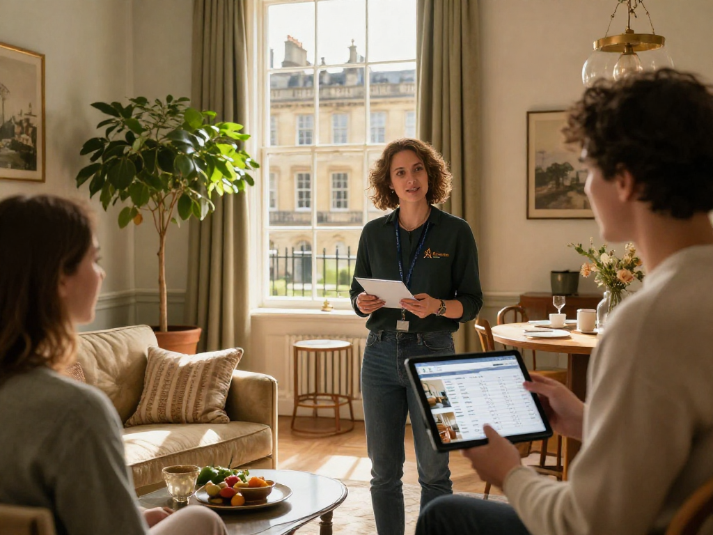 Airbnb management in Bath showcased with a welcoming property manager presenting a stylish Georgian apartment.
