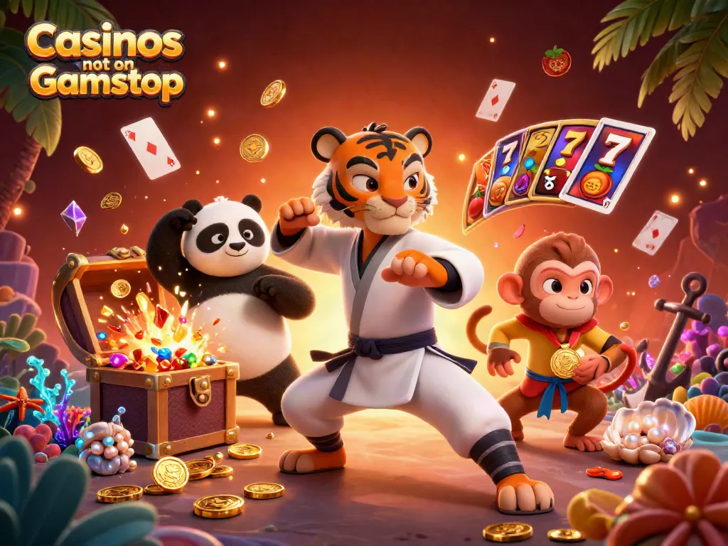 Winning at Casinos not on Gamstop: a cartoon kung fu tiger and friends playing for gold treasure