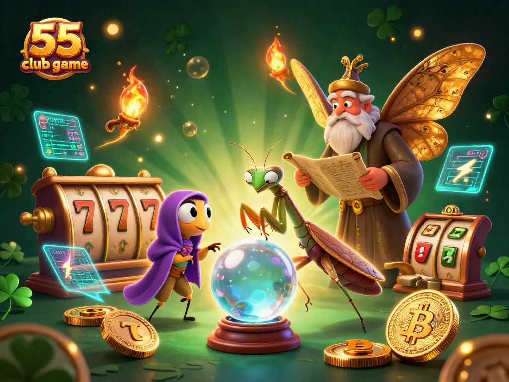 Experience the thrill of the 55 club game with vibrant slot elements and enchanting characters in this vivid illustration.