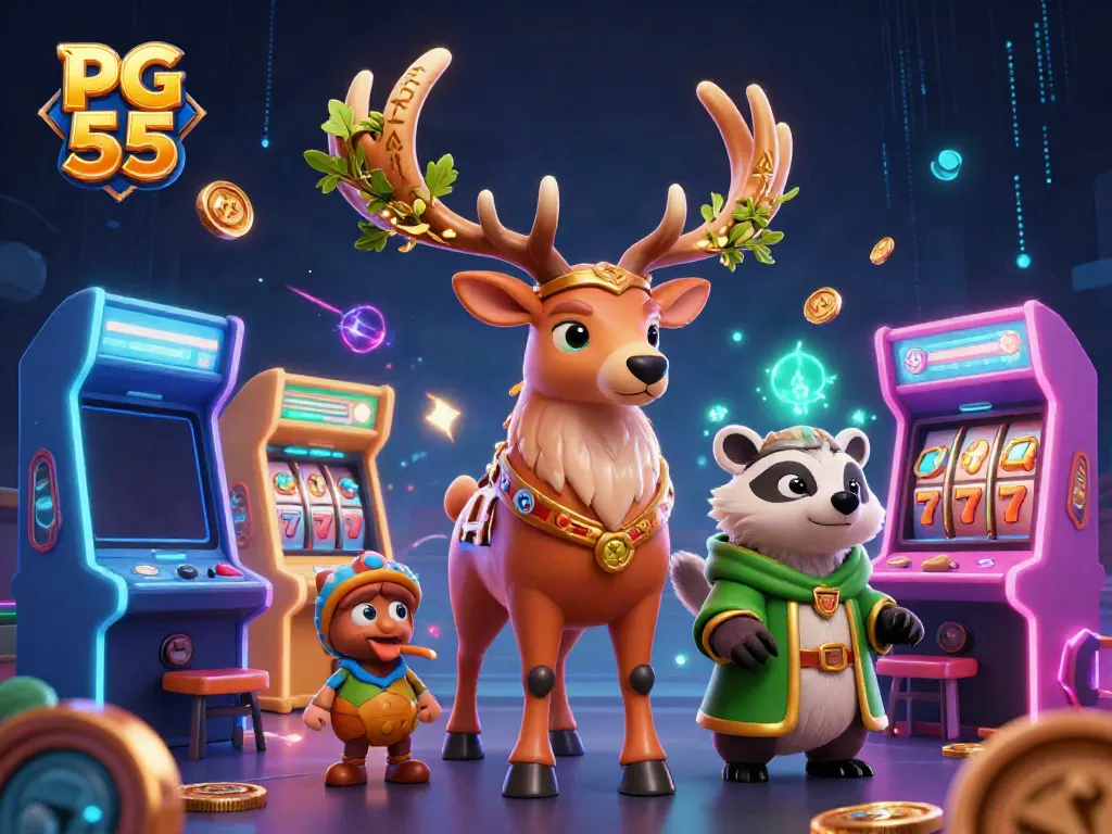 Engage with PG 55 as you navigate a vibrant 3D casino scene filled with glowing arcade machines and mystical characters.