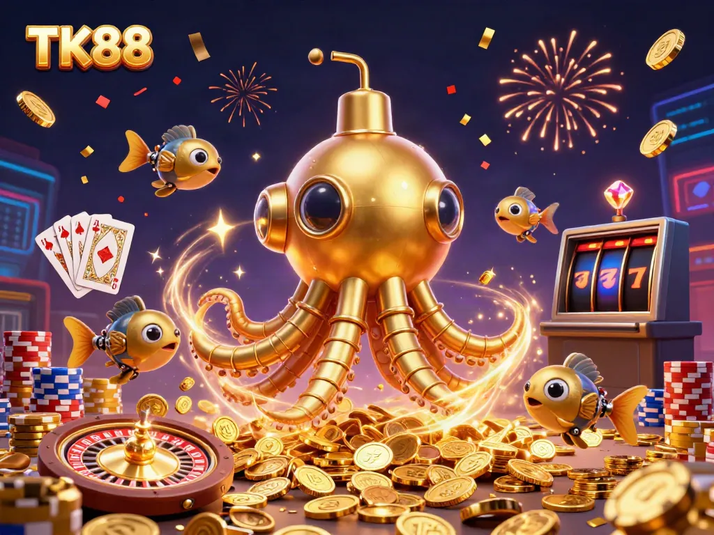 Experience thrilling gameplay at TK88 with a golden kraken submarine and treasure-filled ocean!