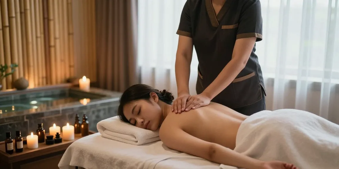 철산동출장마사지 in a serene massage room featuring a therapist and client, softly lit atmosphere.