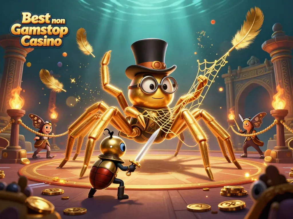 Experience the thrill of the Best non Gamstop Casino with a dynamic animated scene featuring a golden tarantula and knight.