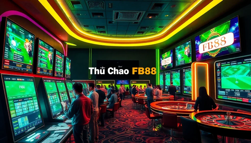 Thrilling sports betting experience at a casino featuring Thể Thao FB88 and dynamic odds on large screens.