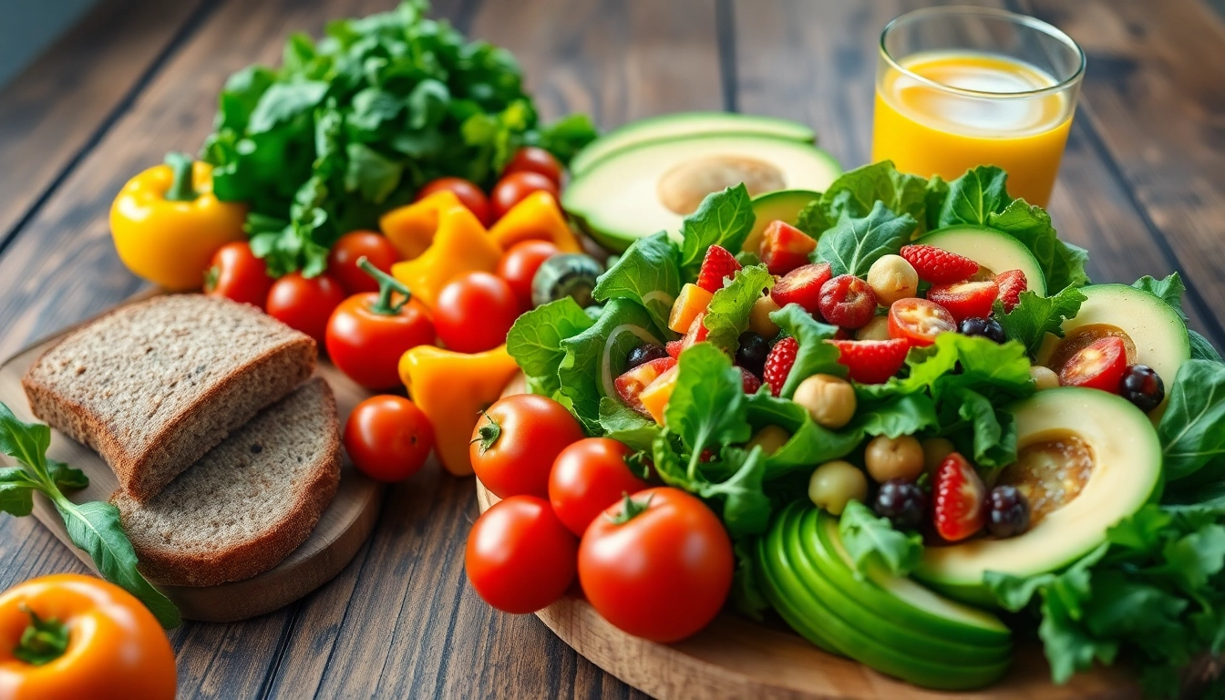 Delicious healthy food spread featuring fresh fruits, vegetables, and a vibrant salad.