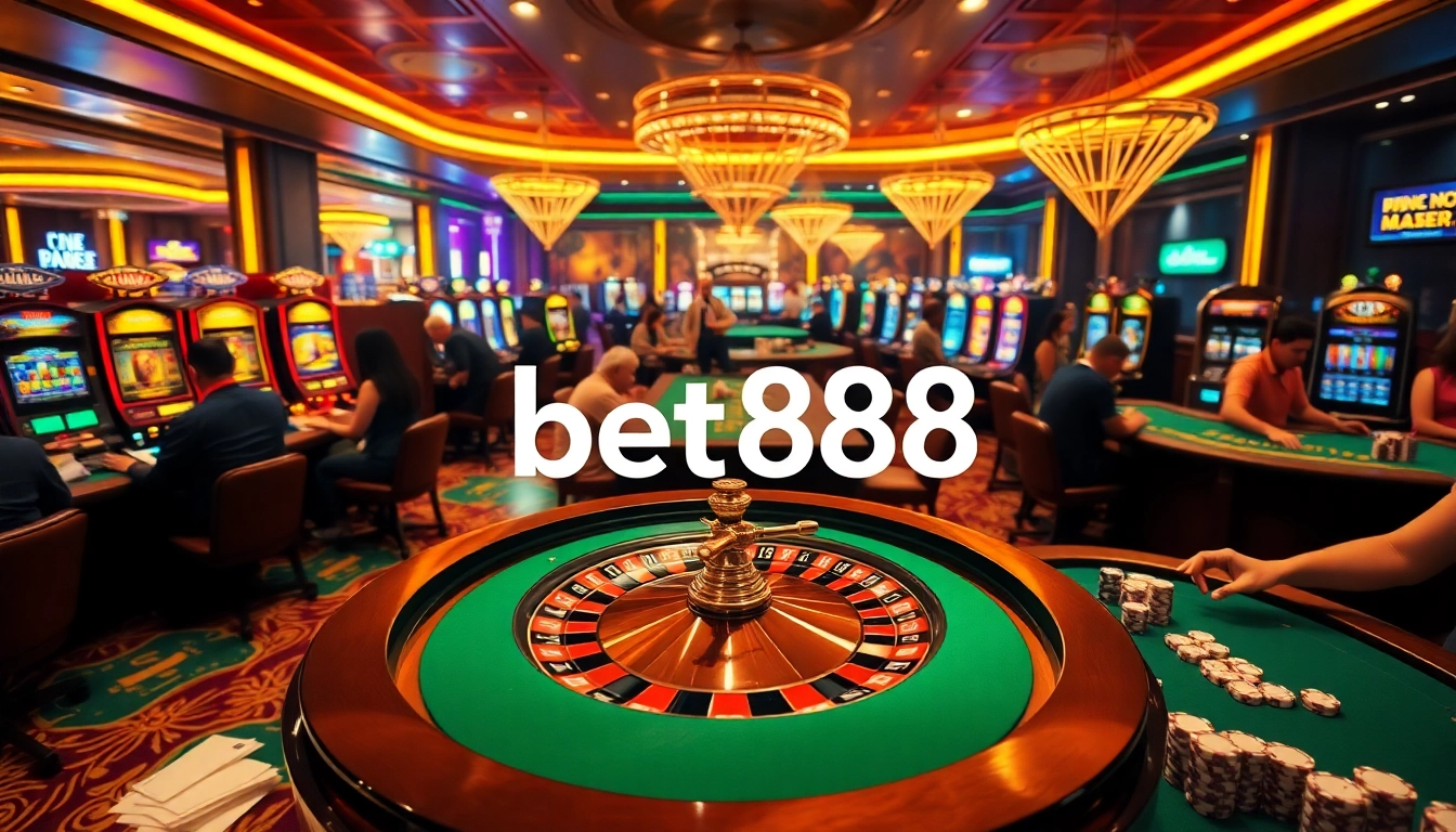 Bet888 scene showcasing players at a thrilling roulette table with vibrant slot machines and poker gameplay.