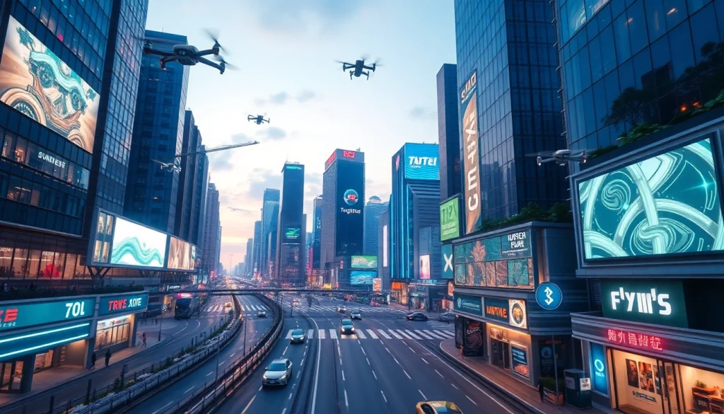 Explore the vibrant cityscape showcasing New Technology innovations in sustainable urban design, illuminated at twilight.