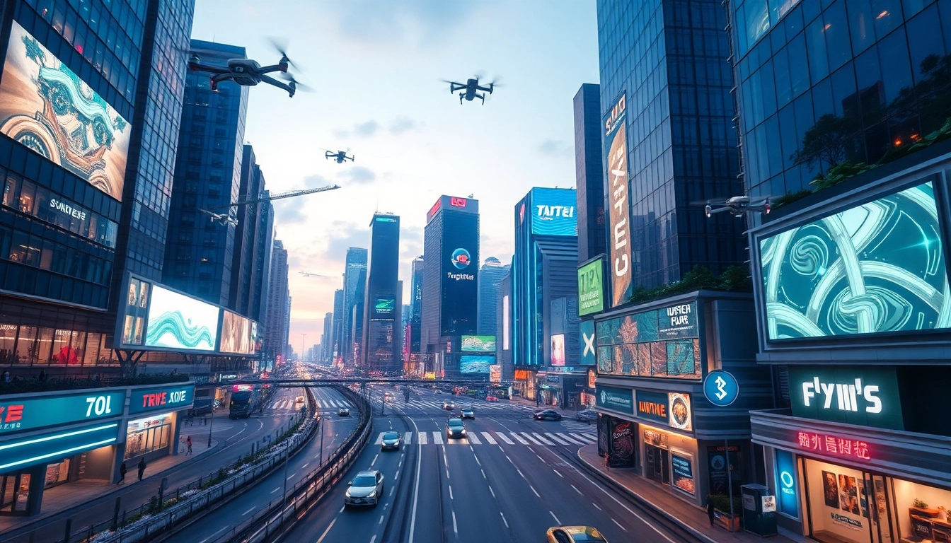 Explore the vibrant cityscape showcasing New Technology innovations in sustainable urban design, illuminated at twilight.