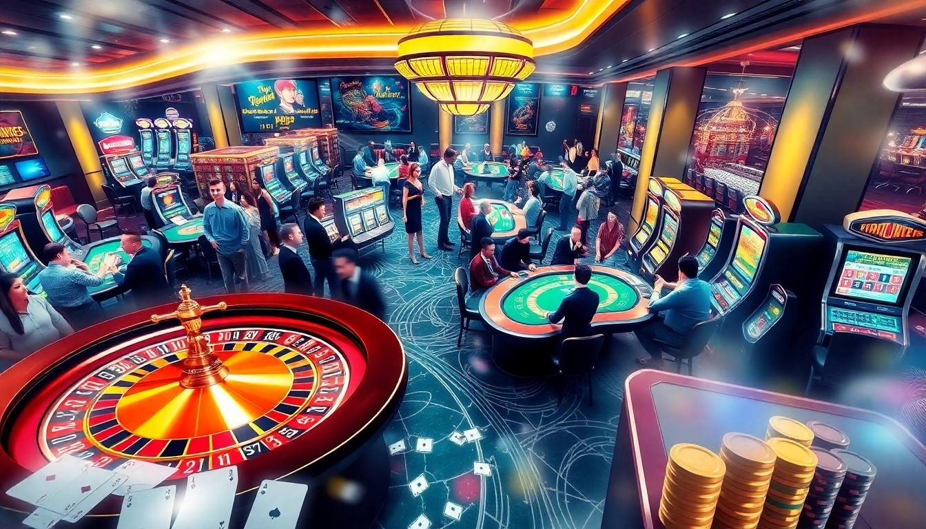 KJC AC 3 casino setting with players at roulette, poker tables, and slots.