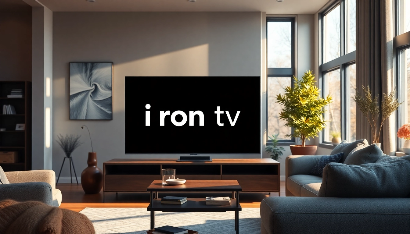 View of a modern living room featuring iron tv with a sleek design and cozy ambiance.