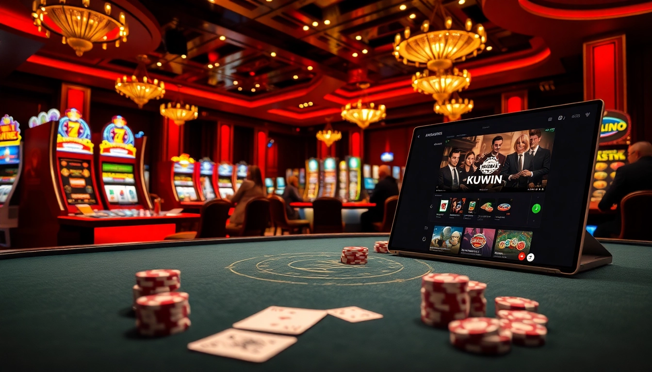 Kuwin players enjoying a luxurious casino experience with real dealers and exciting slot machines.