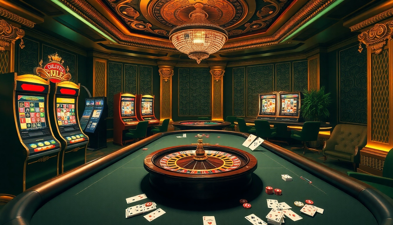 Experience the thrill of online gambling at https://rr88it.com/ with vibrant scenes of slot machines and roulette.