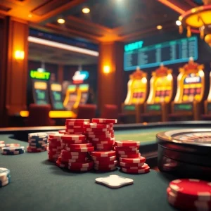 Engage with exciting gaming action at https://usbet.run/ with vibrant poker chips and a digital roulette wheel.