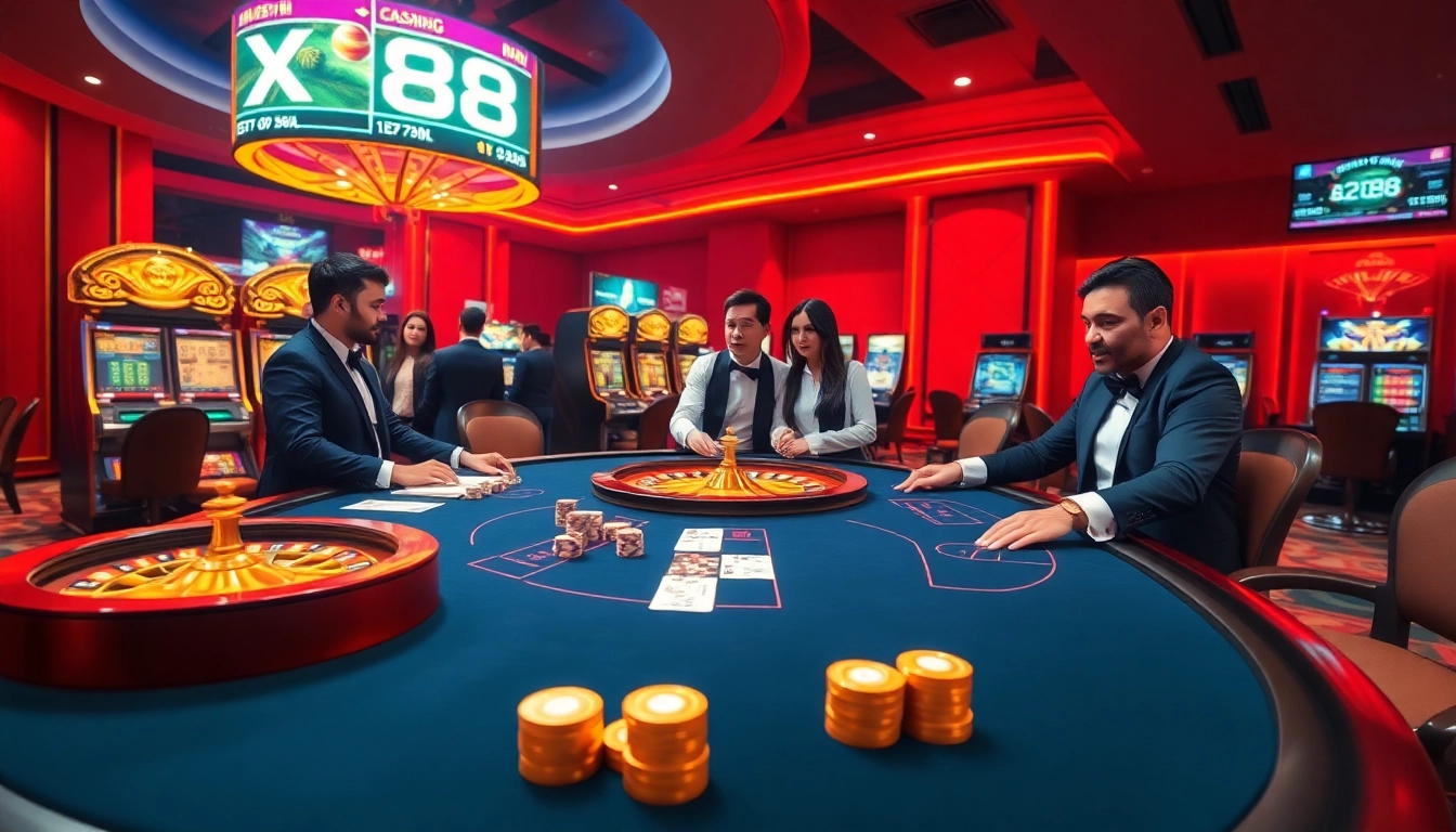 Experience the thrill of gambling at the xx88 casino, featuring rich visuals of poker and vibrant slot machines.