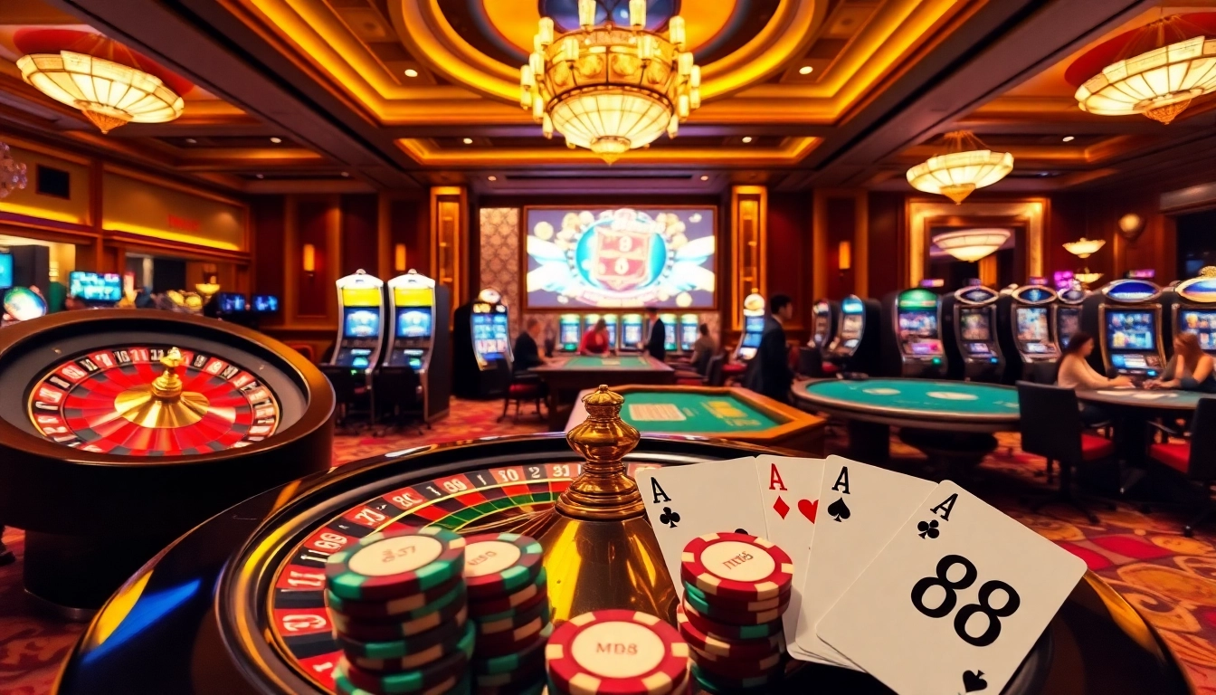 Exciting casino scene featuring MM88 branded chips and players engaged in gambling activities.