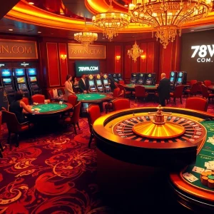 Experience thrilling gameplay at 78WIN.COM with a vibrant casino scene featuring players at poker tables.