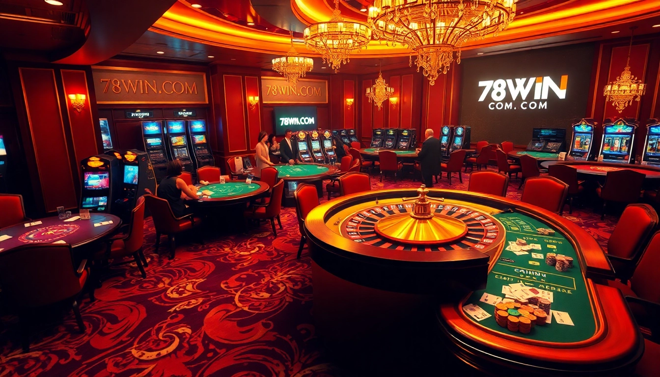 Experience thrilling gameplay at 78WIN.COM with a vibrant casino scene featuring players at poker tables.
