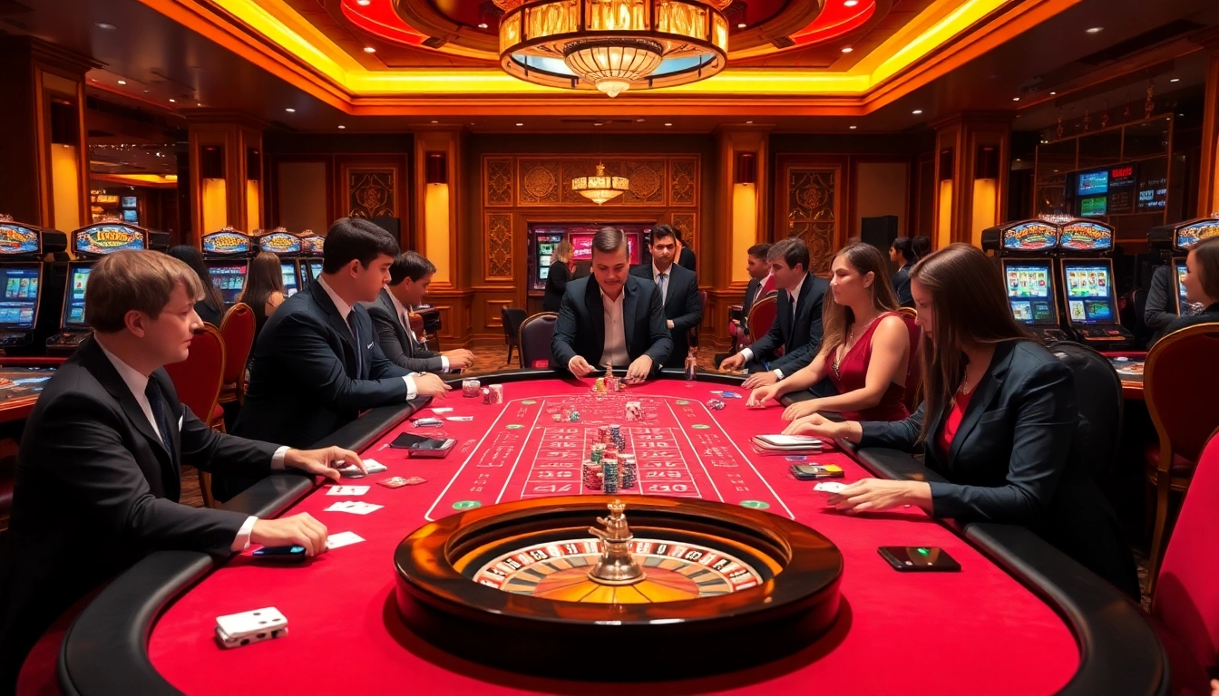 Experience the thrill of gambling at https://xx88.boats/ with a lively casino scene featuring excited players and luxurious tables.