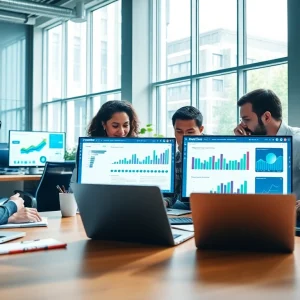 Professional team discussing Logo destek solutions in a modern office.