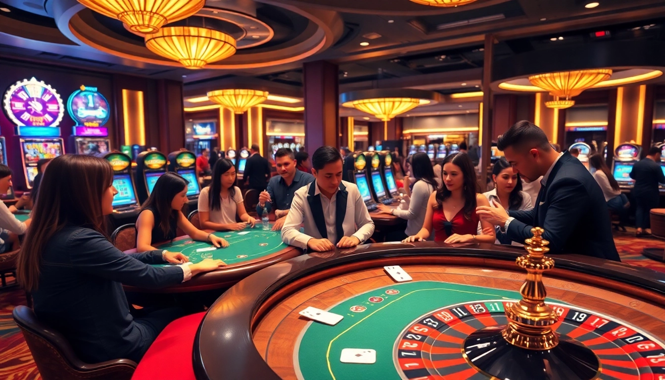 Experience high-stakes gambling action at https://u888hii.com/ with players at poker and roulette tables.