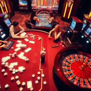 Players enjoying online gaming excitement at an ingatbola casino table filled with vibrant action and thrills.