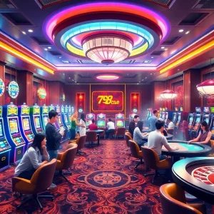 Players celebrating wins at 789 Club casino, surrounded by vibrant games and luxury decor.