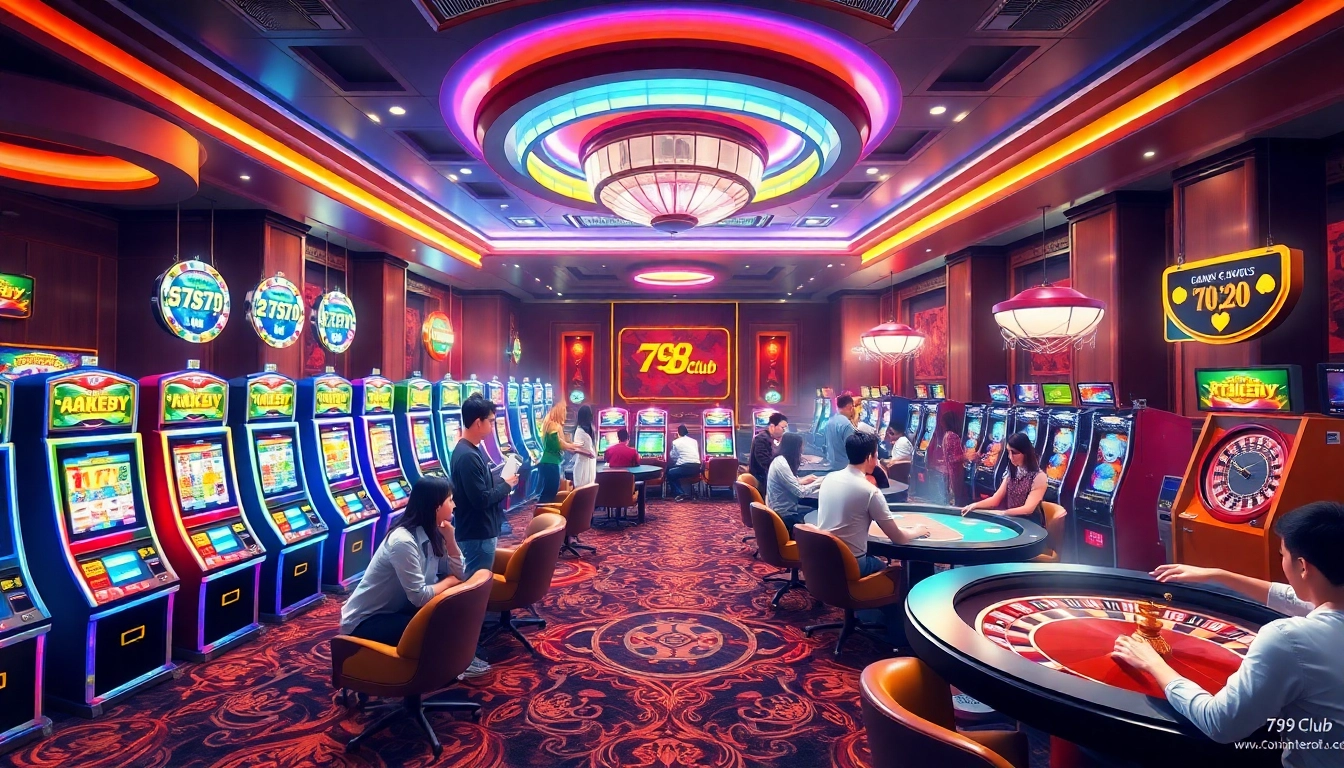 Players celebrating wins at 789 Club casino, surrounded by vibrant games and luxury decor.