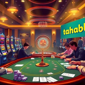 Exciting scene at the Trang chủ thabet online casino with vibrant slot machines and focused poker players.