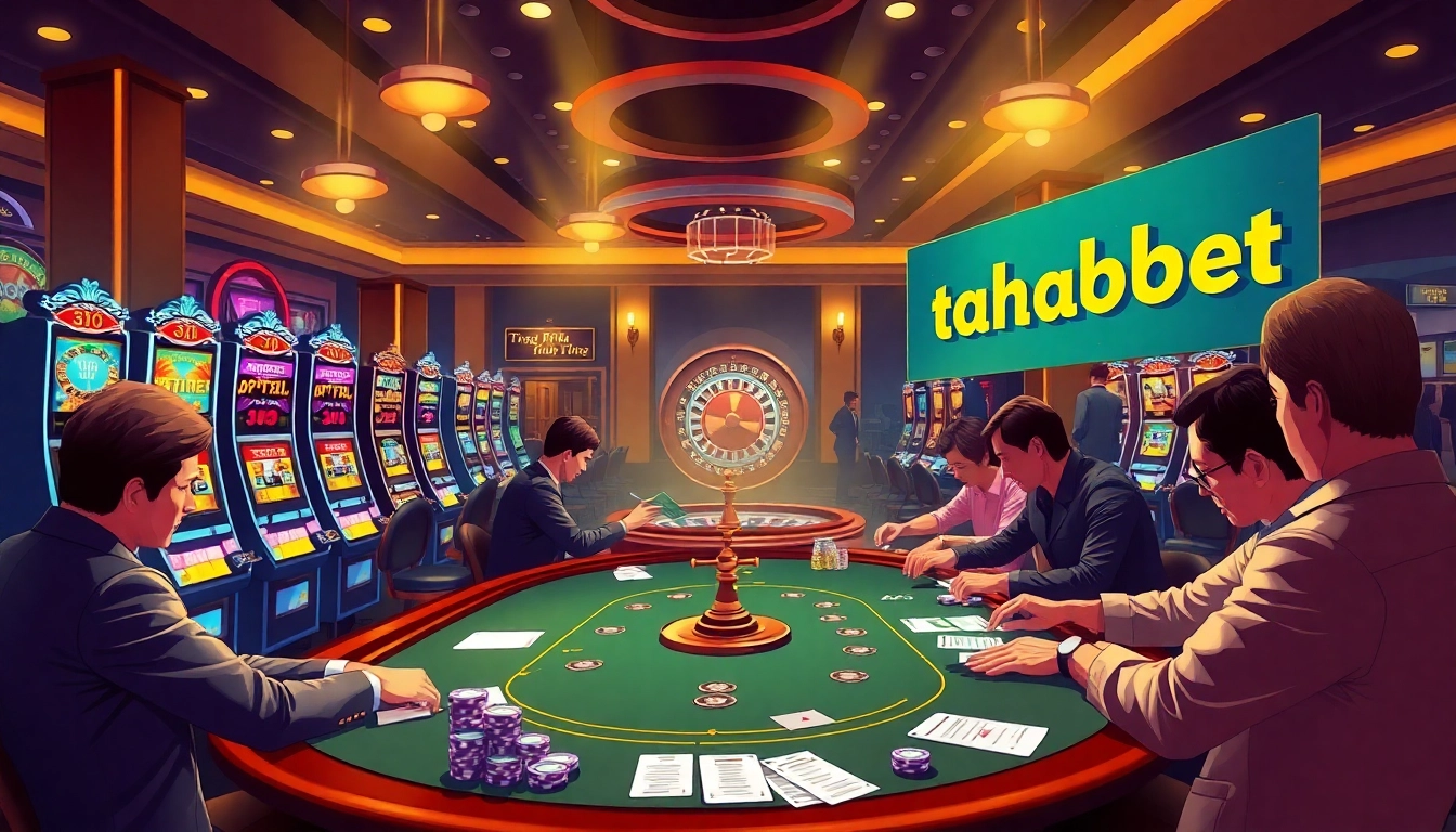 Exciting scene at the Trang chủ thabet online casino with vibrant slot machines and focused poker players.