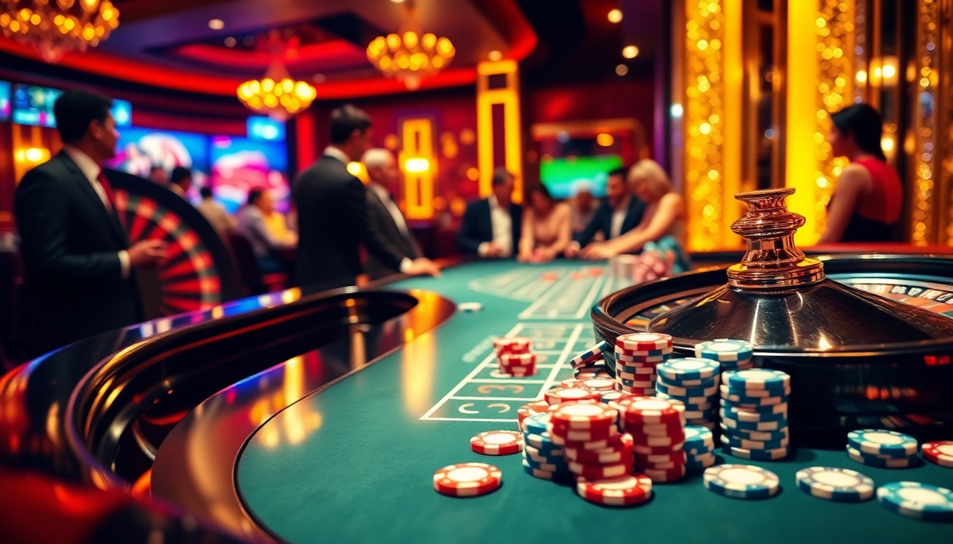Experience the thrill of gambling with a vibrant casino scene at https://rr88ez.com/, featuring a roulette wheel and poker chips.