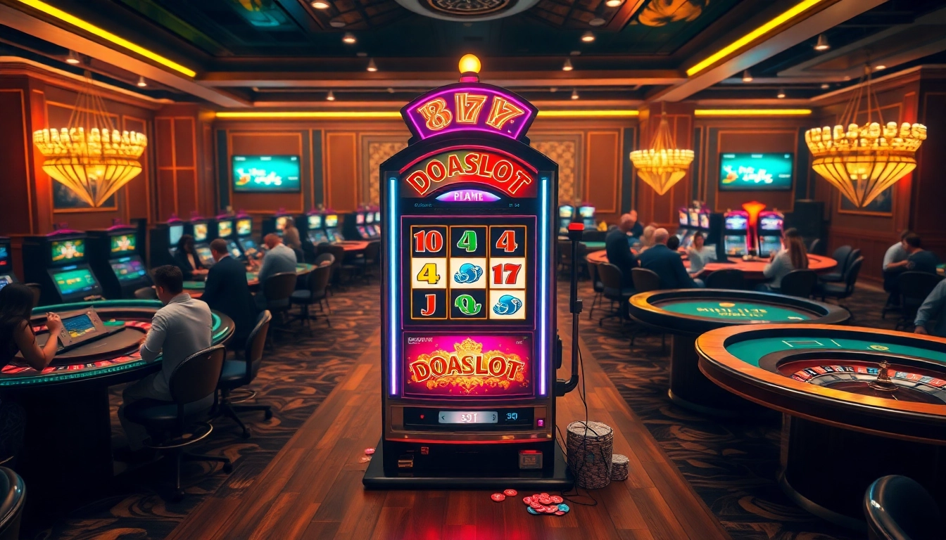Engaged players enjoying the doaslot slot machine amidst a high-stakes casino atmosphere.