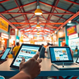 Engaging community scene of Hela Ad users interacting with digital devices for online classifieds in Sri Lanka.