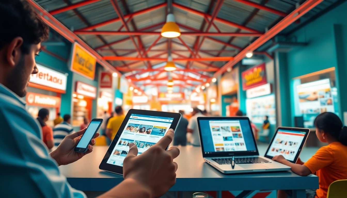 Engaging community scene of Hela Ad users interacting with digital devices for online classifieds in Sri Lanka.