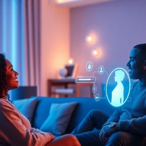Futuristic interaction with a chatbot showcasing sex AI in a relationship context.