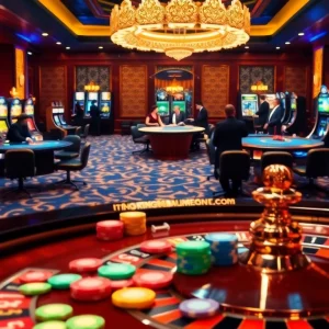 Experience high-stakes gaming at https://king88.limited/ with vibrant casino visuals featuring roulette and blackjack tables.