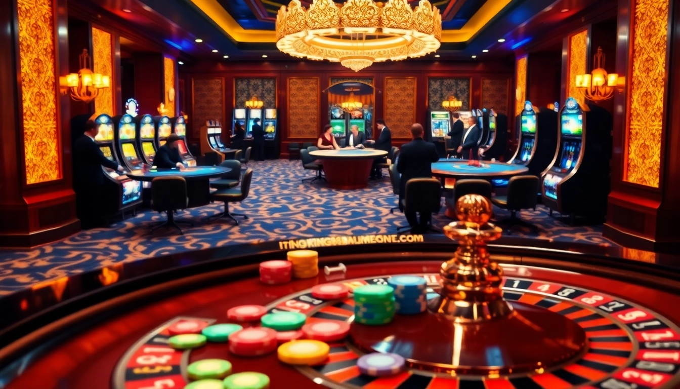 Experience high-stakes gaming at https://king88.limited/ with vibrant casino visuals featuring roulette and blackjack tables.
