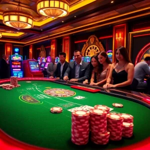 Intense blackjack match at https://thabet.vegas/ with vibrant lights and excited players competing at the table.