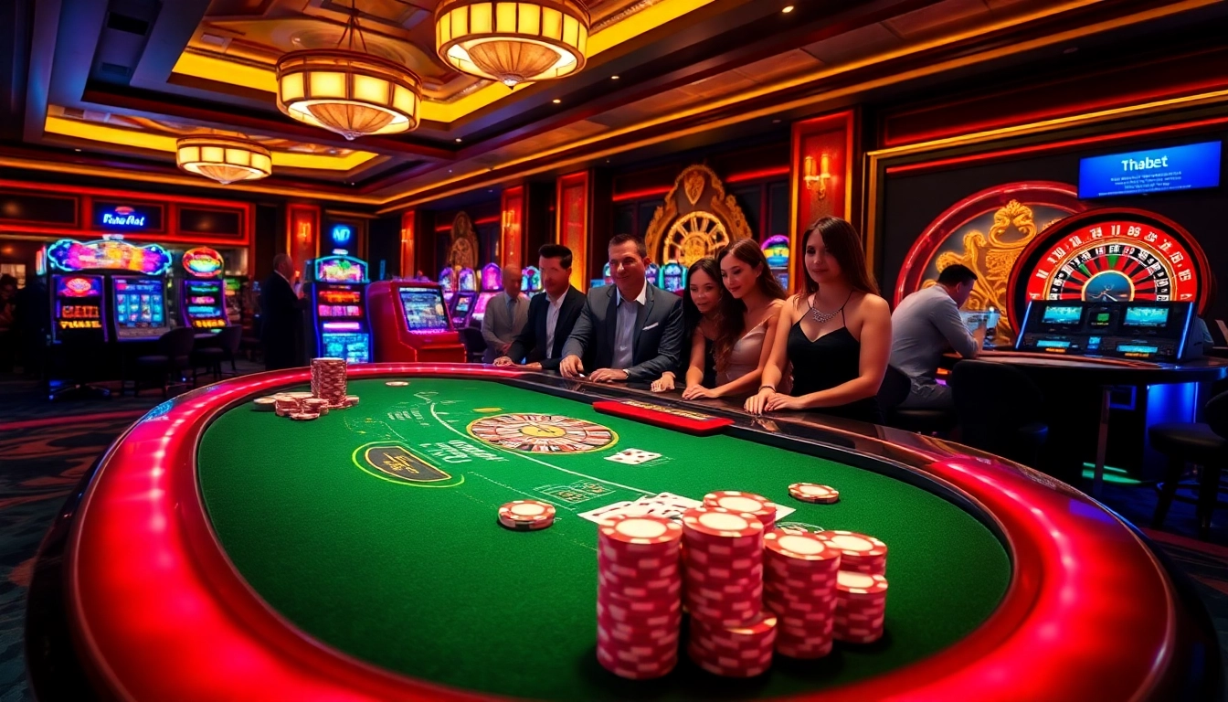 Intense blackjack match at https://thabet.vegas/ with vibrant lights and excited players competing at the table.